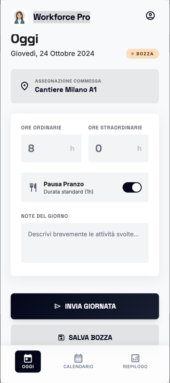 Vista operatore: compilazione della giornata con commessa, ore e invio del timesheet.