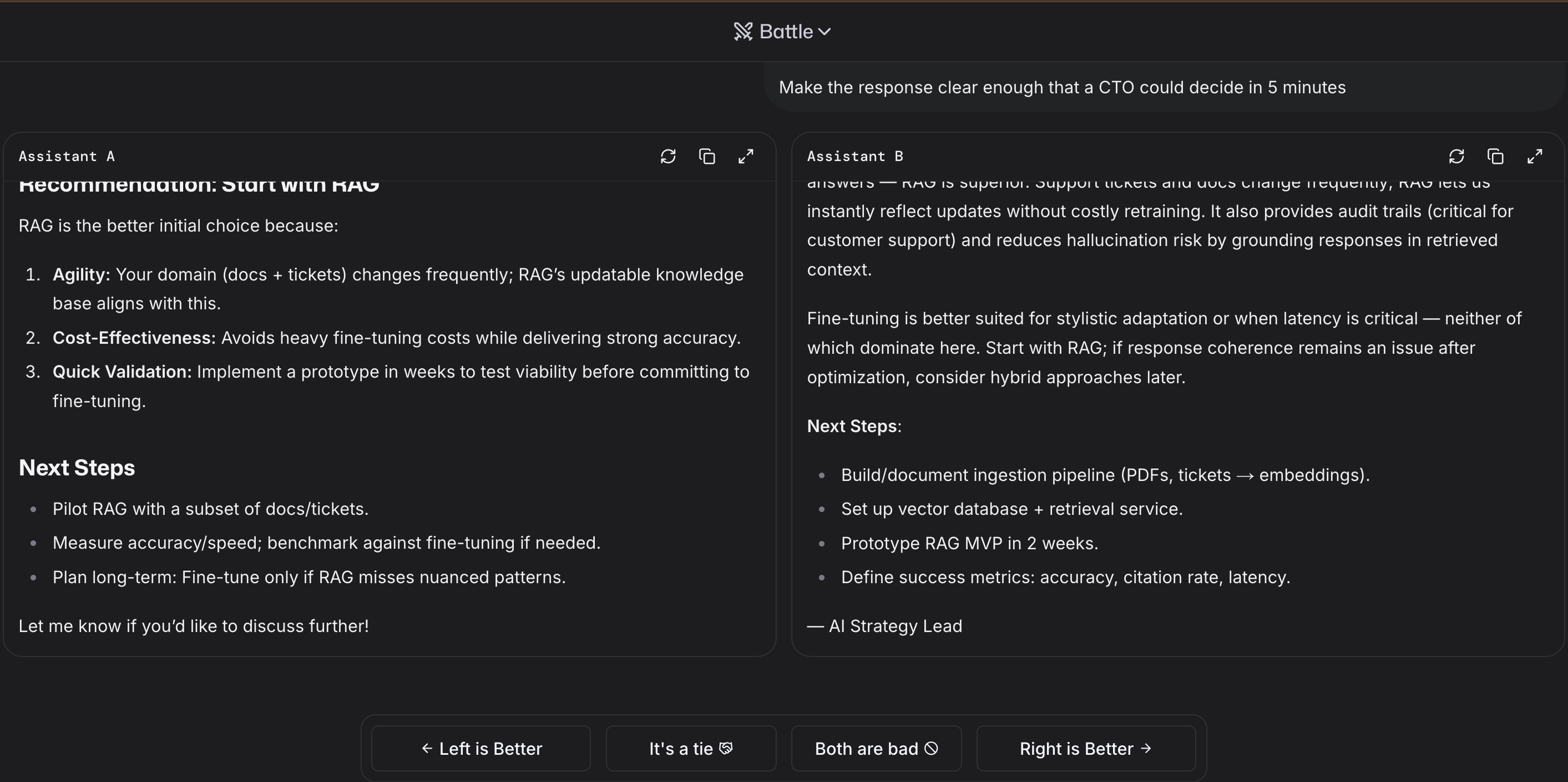 Battle view (both answers recommend RAG; judge clarity & specificity)
