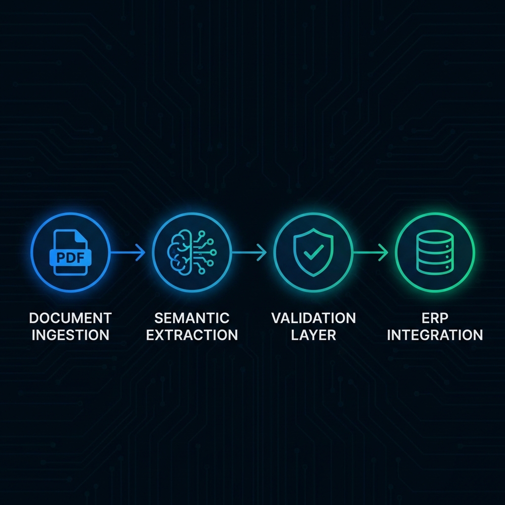 Technical diagram showing the AI processing pipeline for logistics documents: Ingestion, Semantic Extraction, Validation Layer, and ERP Integration.