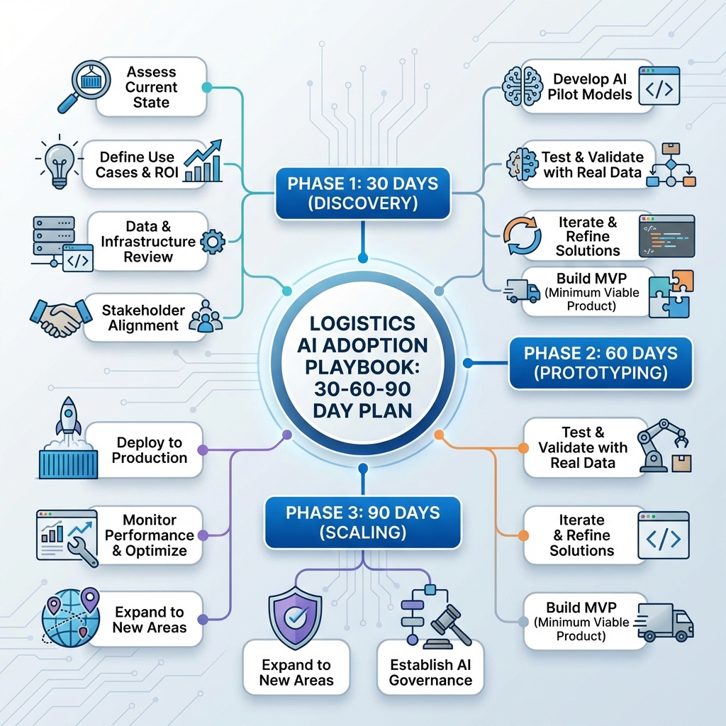 A visual implementation roadmap for Logistics AI adoption, showing the phases of Discovery, Prototyping, and Scaling.