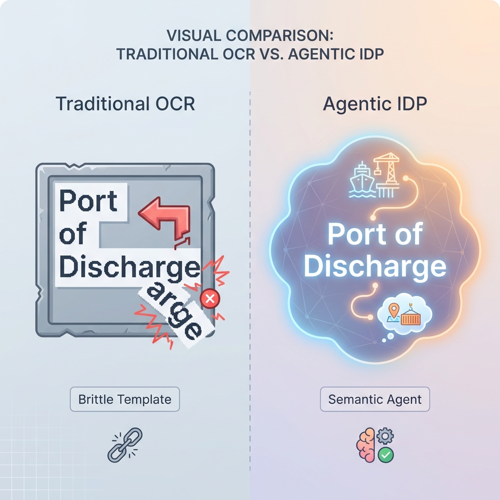 A visual comparison between Traditional OCR (Brittle Template) and Agentic IDP (Semantic Agent), showing how agents handle layout variability where legacy systems fail.