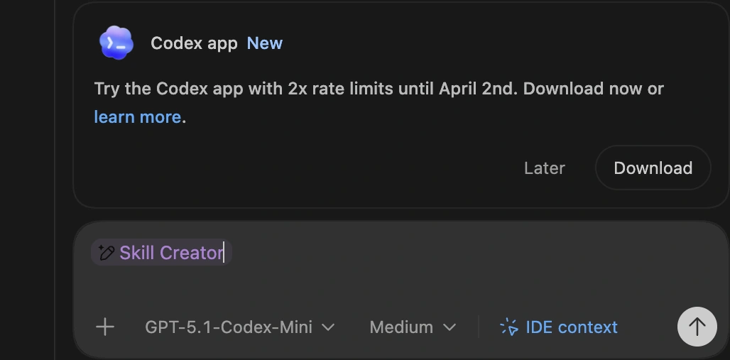 Using $skill-creator in the Codex chat to generate a new skill